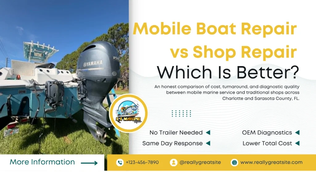 Yamaha outboard motor on a trailer, comparing mobile boat repair to traditional shop repair in Charlotte and Sarasota County, Florida