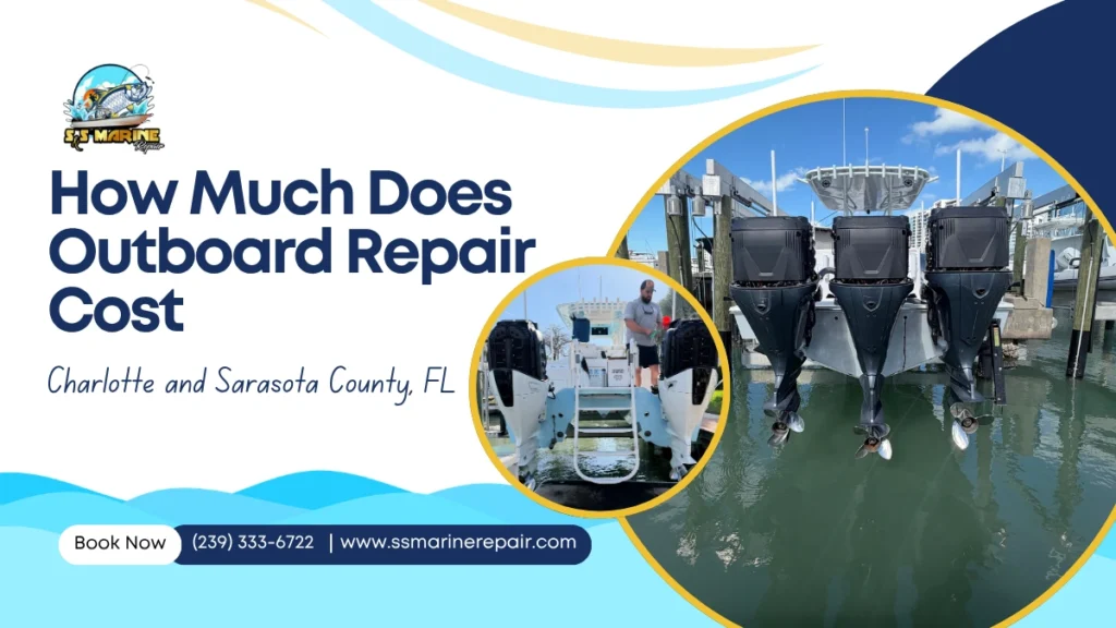 Mobile marine mechanic performing outboard motor diagnostics at a dock in Charlotte County, Florida