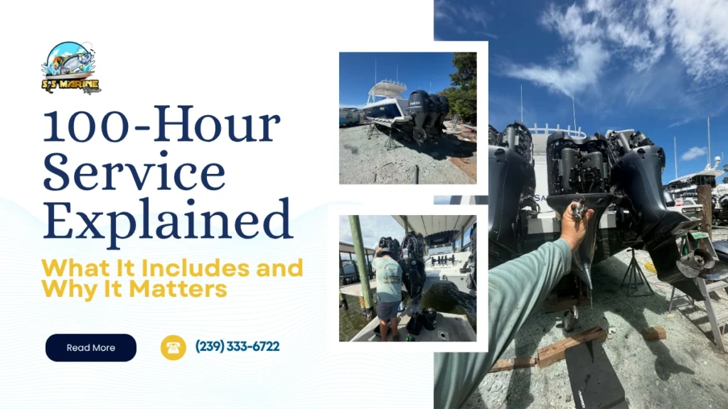 Mechanic performing a 100-hour scheduled service on an outboard motor, including oil, filter, and impeller replacement