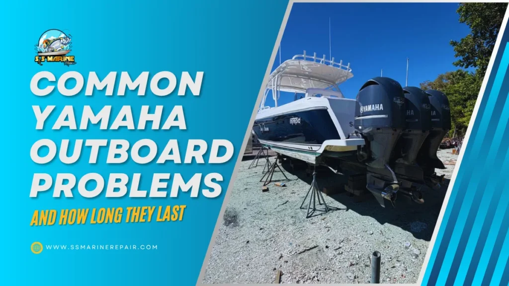 Yamaha outboard motor cowling removed for inspection, showing known failure points across F150, F200, F300, and F350 models