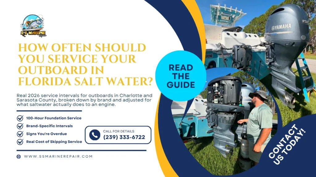 Technician removing an outboard motor cowling to perform scheduled maintenance in Florida saltwater conditions